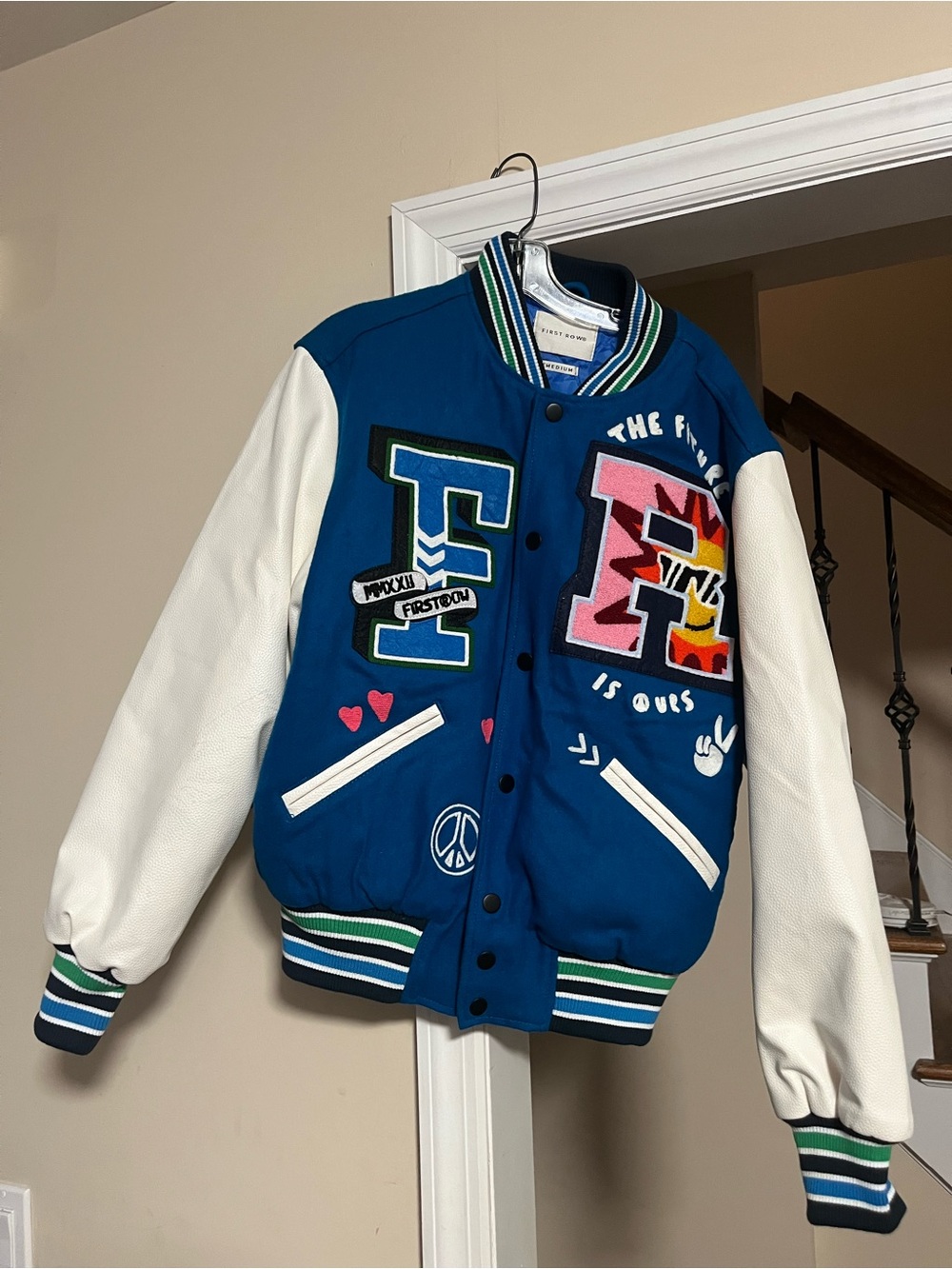 First row Blue & White Varsity Jacket with Patch Details - unisex medium